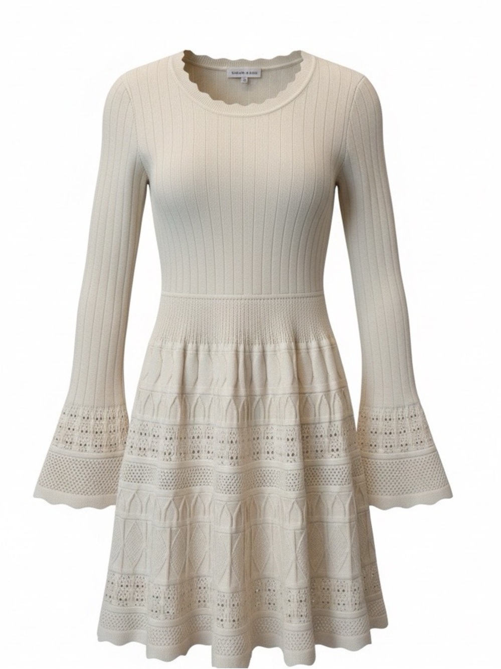 Scallop-Neck Cream Knit Long-Sleeve Fit & Flare Dress Size Small🍁